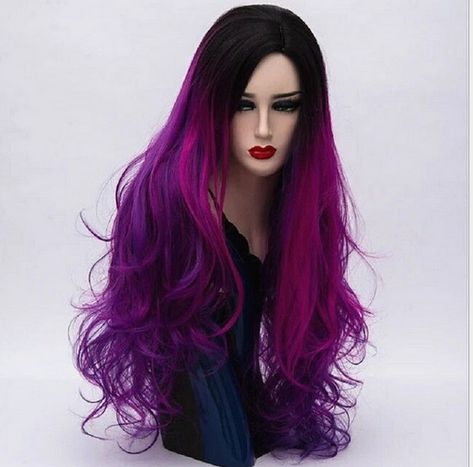 Black Hair Wavy, Purple Black Hair, Purple Wigs, Wig Middle Part, Long Wavy Wig, Purple Ombre Hair, Long Straight Wig, Ombre Purple, Color Streaks