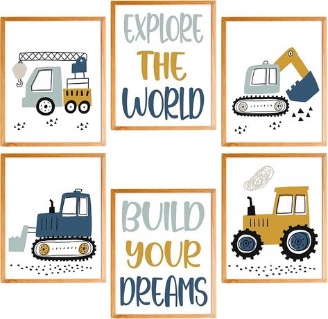 Amazon.com: BearCake Construction Vehicle Nursery Wall Art Set of 6, Excavator Blender Ambulance School Bus Fire Truck Wall Decor Poster Prints for Toddler Boy Room Playroom Nursery, 8x10 Inches: Posters & Prints Construction Bedroom Ideas, Toddler Boy Wall Decor, Vehicle Nursery, Boy Wall Decor, Room Decor For Boys, Toddler Boy Room, Construction Bedroom, Truck Room, Boys Wall Decor