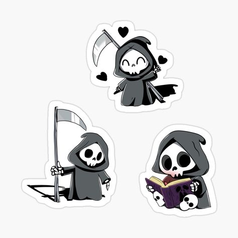 Get my art printed on awesome products. Support me at Redbubble #RBandME: https://www.redbubble.com/i/sticker/The-Grim-Reaper-Stickers-by-Charcoalart/154138057.EJUG5?asc=u Reaper Illustration, Reaper Doodle, Soul Reaper, Skull Halloween Tattoo, Cute Grim Reaper Tattoo, Cute Grim Reaper Drawing, Cute Grim Reaper Art, Reaper Sticker, Reaper Drawing