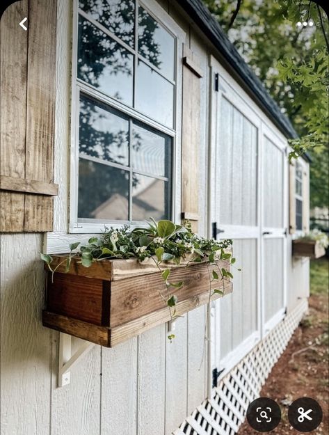 Shed Window Box Ideas, Shed With Flower Boxes, Window Boxes On Mobile Home, Window Garden Boxes, Diy Window Flower Boxes, Window Planter Boxes Diy, Rustic Window Boxes, Shed Window Boxes, Window Box Diy