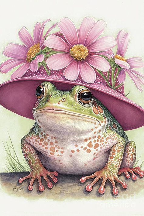 WEARING HER EASTER BONNET BY TINA LECOUR Cactus Cat, Diy Crafts Bookmarks, Frog Pictures, Dragonfly Dreams, Painting Accessories, Frog Art, Beaded Cross Stitch, A Frog, Frog And Toad