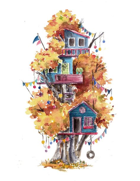 I Use Watercolours To Pain Whimsical Tree Houses Tree House Drawing, House Illustrations, Illustration Art Nouveau, Tree Watercolor, Watercolor Tree, Watercolour Inspiration, House Illustration, Illustration Watercolor, Abstract Illustration