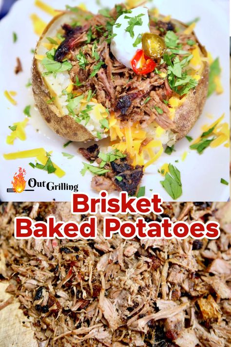 Baked Potato Brisket, Brisket Baked Potato Recipes, Brisket Meal Prep, Brisket Loaded Baked Potato, Smoked Brisket Leftovers Recipe, Loaded Brisket Baked Potato, Leftover Smoked Brisket Recipes, Leftover Brisket Recipes Easy Meals, Brisket Meals