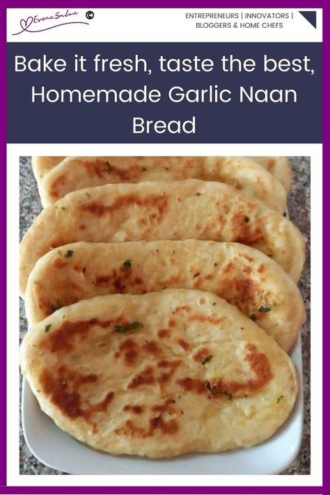 Bake it fresh, and taste the best, Homemade Garlic Naan Bread.  Indulge in the authentic flavors of India right in your kitchen. This fluffy, delicious bread is perfect for sopping up your favorite curries or lentil dishes. Easy to make, and guaranteed to impress your guests. Say goodbye to store-bought and hello to homemade with this simple recipe.  Entrepreneurs | Innovators | Bloggers Homemade Garlic Naan, Garlic Naan Bread, Naan Bread Recipe, Homemade Naan Bread, Recipes With Naan Bread, Lentil Dishes, Garlic Naan, Naan Bread, Delicious Bread