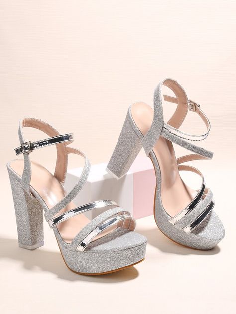 Bride Shoes Chunky Heel, Silver Chunky Heels, Silver Wedge Heels, Prom Shoes Silver, Silver Sandals Heels, Bride Heels, High Heels For Prom, Silver Wedding Shoes, Silver Wedges