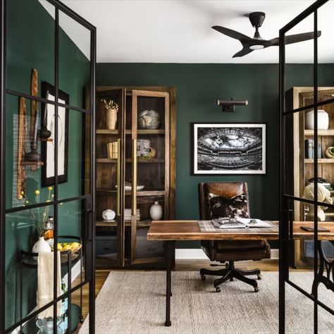 Dark Green Office Cabinets, Mid Century Industrial Office, Dark Wall Office Ideas, Small Manly Office, Traditional Masculine Office, Men’s Office Wallpaper, Moody Dark Green Home Office, Mad Men Inspired Office, Charleston Green Office