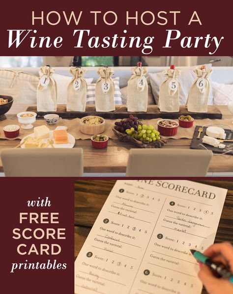 Hosting a Wine Tasting Party (with free printable scorecard!) - Jenna Sue Design Blind Wine Tasting Party Printables, Wine Tasting Cards Printable Free, Wine Tasting Table Setting, Wine Tasting Food Pairings, Hosting A Wine Tasting Party, Blind Wine Tasting Party, Wine Tasting Card, Wine Party Appetizers, Wine Tasting Food