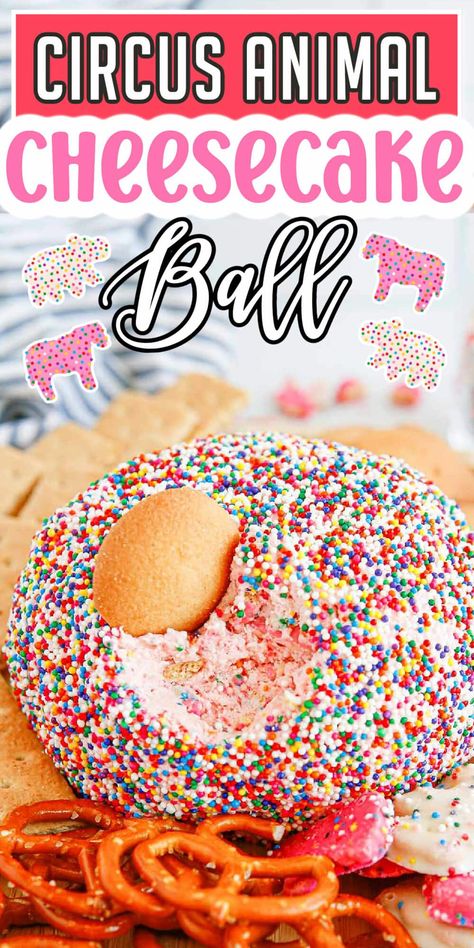 Circus Animal Cookie Dip, Cookie Dough Cheeseball, Sweet Cheese Balls Recipe, Circus Animal Cookie Cheesecake, Animal Cheese Ball, Circus Animal Cheesecake, Animal Cracker Dip, Sweet Cheese Ball, Cheeseball Bites