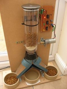 Pet Feeder Diy, Cat Feeder Diy, Auto Cat Feeder, Cat Food Dispenser, Diy Cat Food, Dispenser Diy, Pet Food Dispenser, Diy Arduino, Automatic Cat Feeder