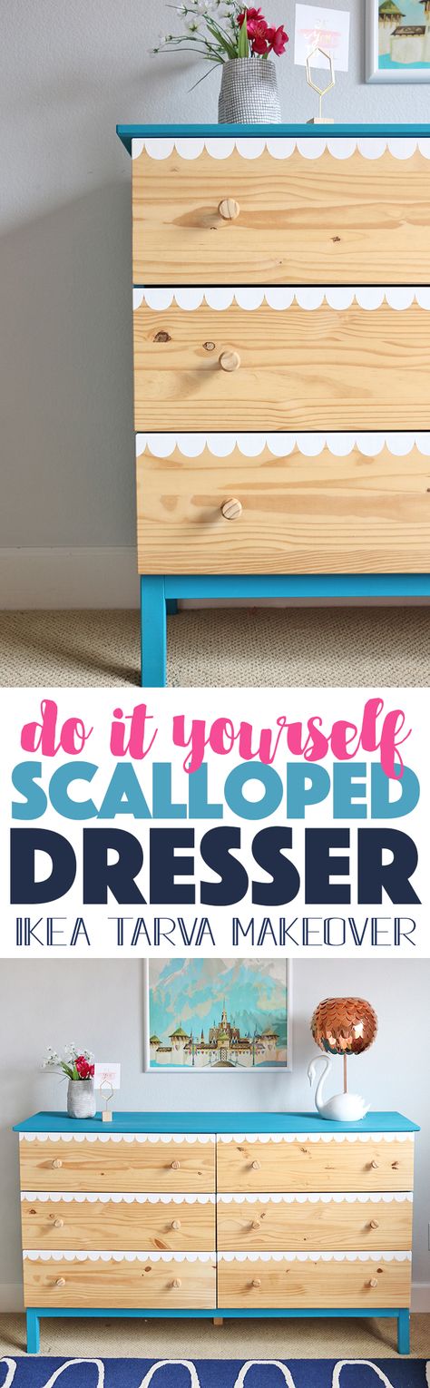 DIY Scalloped Dresser - learn how to paint perfect scallops on drawer fronts to create this cute look. Ikea Tarva makeover Diy Scalloped Dresser, Paint Crib, Diy Dresser Makeover Kids, Tarva Makeover, Wooden Dresser Kids Room, Scalloped Dresser, Perfect Scallops, Rast Ikea, Ipcycle Dresser