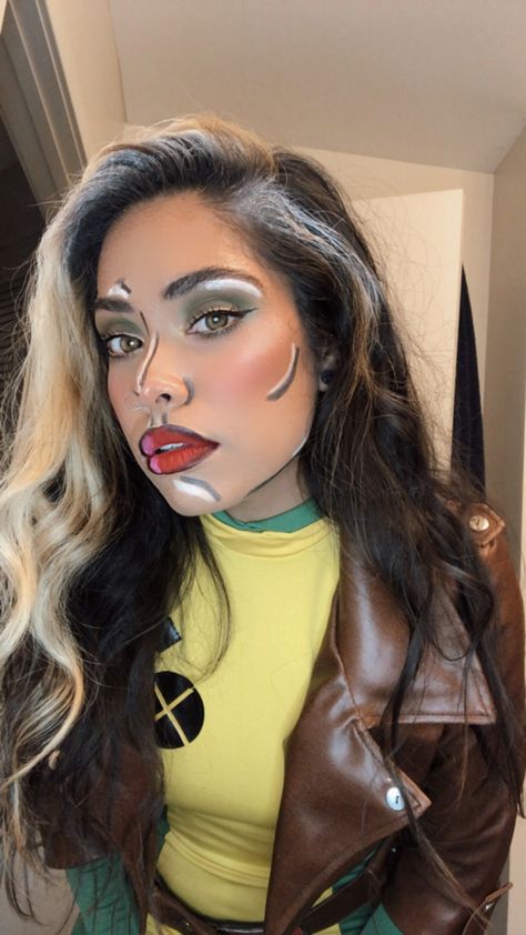 Rogue X Men Makeup, Rogue Makeup Xmen, Xmen Halloween Costume Women, Rogue Xmen Costume Diy, Rogue Cosplay Xmen, Diy Rogue Costume X Men, Rouge Costume Xmen, Rouge Xmen Costume, Rogue Costume Diy