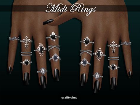 Midi Rings Skirt With Chains, Emo Rings, Sims4 Accessories, Sims 4 Cc Goth, Sims Accessories, Sims 4 Nails, Sims 4 Piercings, Clothes Cc, Sims 4 Cas Mods