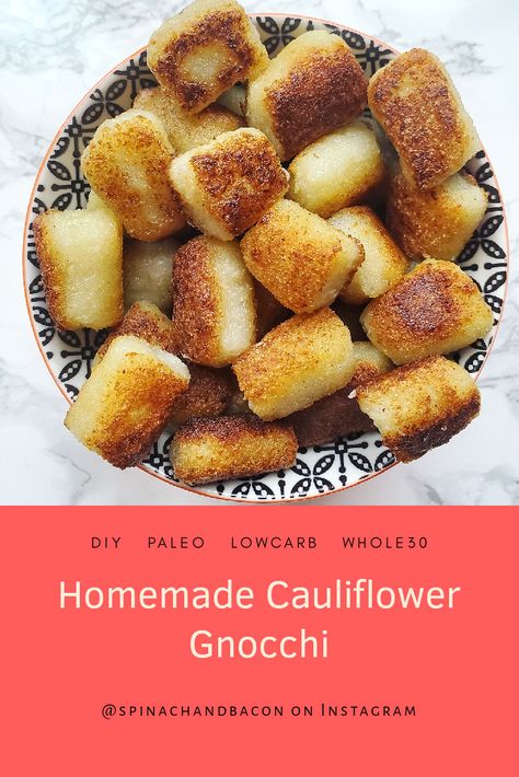 Homemade Cauliflower Gnocchi | Spinach and Bacon Paleo Carbs, Gluten Free Gnocchi Recipes, Cauliflower Gnocchi Recipe, Veggie Roast, Gnocchi Recipes Homemade, Spinach And Bacon, Gluten Free Gnocchi, Cauliflower Gnocchi, Gnocchi Recipe