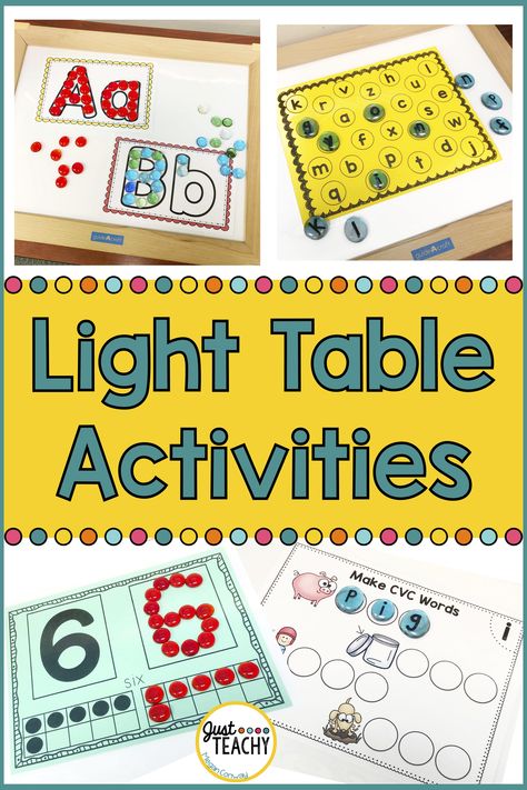 Make learning more engaging with the use of a light table.  These fun activities include numbers, letters, cvc words, shapes and more!  Great for a Pre-k, Kindergarten, or 1st Grade class or homeschool. Light Table Activities, Light Box Activities, Fraction Circles, Table Activities, Loose Parts Play, Light Activities, Teaching Numbers, Light Board, Sensory Table