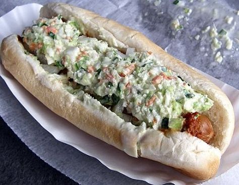 Southern Cole Slaw Recipe, Hot Dog Slaw Recipe, Carolina Slaw, Best Hotdogs, Slaw Dog, Bacon Wrapped Hotdogs, Wrapped Hot Dogs, Making Hot Dogs, Gourmet Hot Dogs