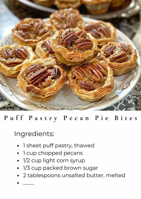 Pastry Squares, Pecan Desserts Recipes, Sweet Puff Pastry, Pecan Bites, Pecan Pie Bites, Classic Pecan Pie, Pastries Recipes Dessert, Pecan Pies, Pecan Rolls