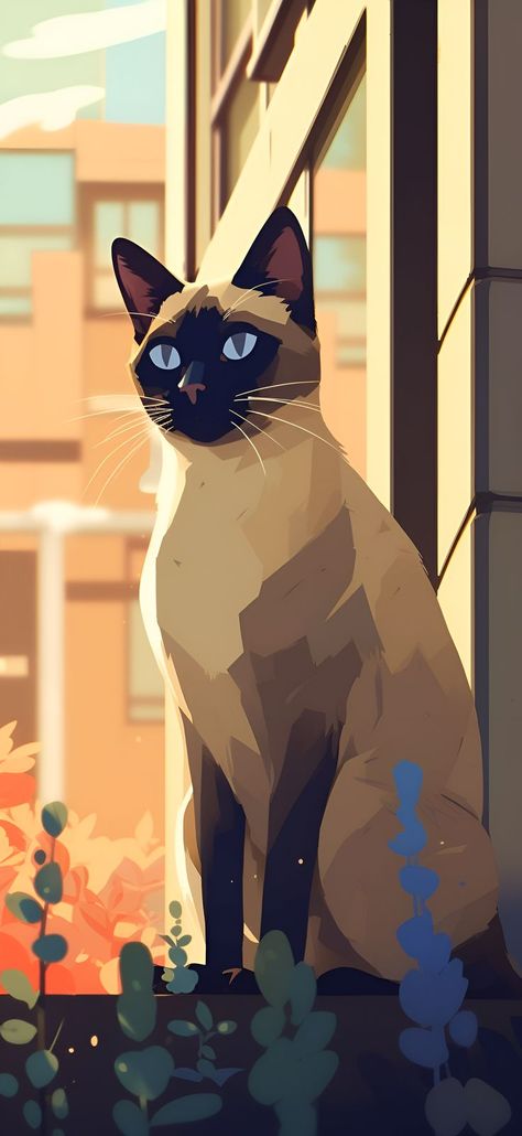 A Siamese cat sitting in front of a suburban apartment. Siamese Cat Art Illustration, Siamese Cats Wallpaper, Siamese Cat Wallpaper, Siamese Cats Aesthetic, Animals Preschool Crafts, Afghan Dogs, Suburban Apartment, Forest Animals Preschool, Fortnite Emotes