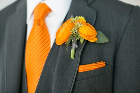 Orange Boutonniere, Ranunculus Wedding, Gray Suits, Charcoal Gray Suit, Downtown Wedding, Grey And Orange, Argyle Socks, Orange Tie, Wedding Theme Colors