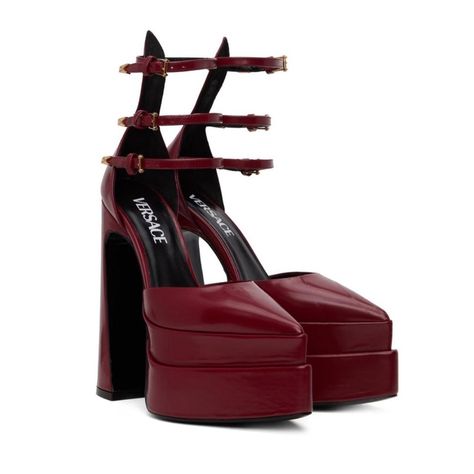 **Brand New** -No Box Included (Size 11) Versace Women's Medusa Aevitas Leather Ankle Strap High Heel Pointy Pumps Shoes Product Details Country/Region Of Manufacture Italy Material: Leather Heel In Inches: 6.75" Platform In Inches: 2.25" Red Versace Heels, Heels Versace, Cute Heels Classy, Ballet Stretches, Versace Heels, Fire Shoes, Pink Platform Heels, Pointy Pumps, Versace Shoes