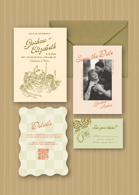 This hand illustrated, Retro wedding invitation bundle is  easily customizable so you can make sure your invitations, RSVP's, details and response cards, and even envelopes are cohesive and communicate your style in the way you want.  This is a hand drawn digital template that can be modified on CANVA. Digital templates are cost-effective and easy to use compared to fully custom invites which can be expensive and complicated. Plus, you can reuse this template for multiple events!  (www.canva.com). What's included? Editable 5"x7" Invitation, Details card, save the date and corresponding Envelope templates and 6.75x7.5 Envelope liner design (x4)  Editable 3"x5" Response card and envelope design * Please note that this is a DIGITAL product, and there is no physical invitation - Message me if Elegant Retro Wedding, Eclectic Save The Date, Wedding Invite Examples, 2025 Wedding Invitations, Photo Booth Wedding Invitations, Illustrative Wedding Invitations, Vintage Wedding Illustration, Illustrated Save The Date, Wedding Handouts