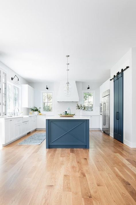 Navy Blue Island With Butcher Block, White Cabinet Blue Island, White Kitchen With Navy Blue Island, Endless Sea Sherwin Williams, Sherwin Williams Endless Sea, Kitchen With Accent Island, White Cabinets Blue Island, White Kitchen Blue Island, White Kitchen With Blue Island