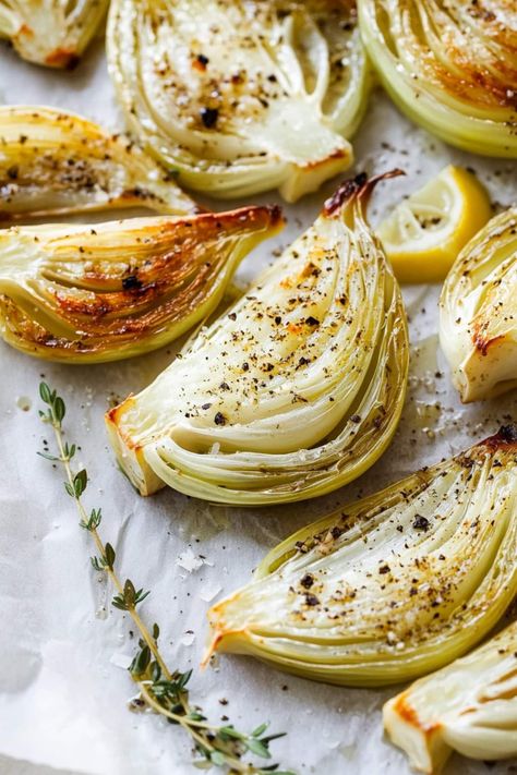 This roasted fennel with garlic, herbs, and Parmesan is a true delight! The caramelized finish makes it irresistible. Sauteed Fennel, Recipes With Fennel, Gods Food, Roast Fennel, Fennel Roasted, Garlic Roasted Vegetables, Baked Fennel, Grilled Fennel, Fennel Recipe