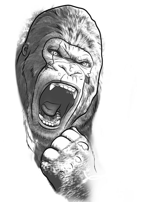 Silverback Gorilla Tattoo Design, King Kong Tattoo Design, Silver Back Gorilla Tattoo Design, Gorilla Outline, Angry Gorilla Tattoo, Silverback Gorilla Tattoo, Gorilla Tattoo Stencil, Gorilla Reference, Gorilla Tattoo Ideas