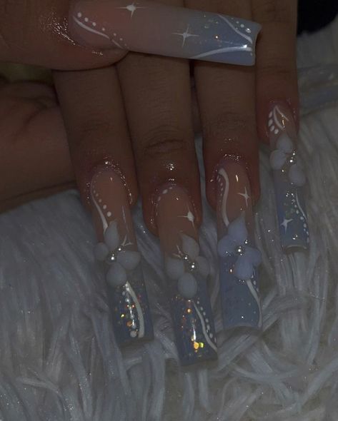 Korean Acrylic Nails Long, Icy Acrylic Nails, Baby Blue Quince Nails, Blue Long Acrylic Nails, Light Blue Quince Nails, Light Blue Acrylics, Maroon Nail Art Designs, Ombre Blue Nails, Quinceañera Nails