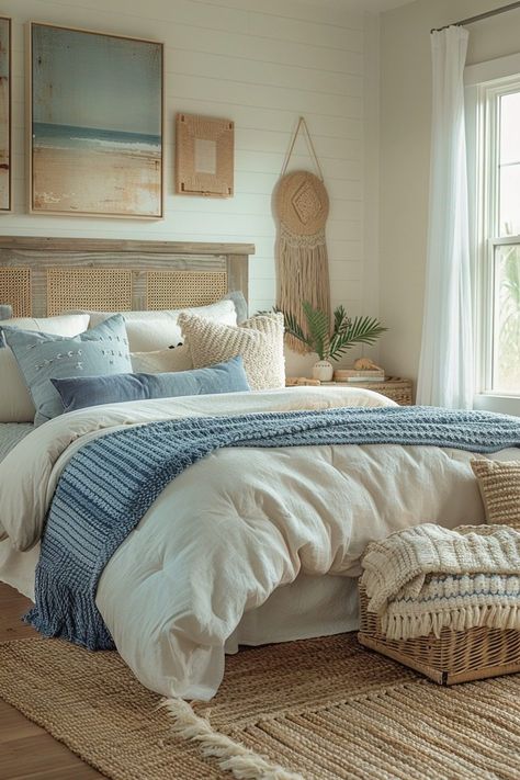 29 Boho Coastal Bedroom Ideas for a Breezy, Beachy Haven 19 Boho Chic Bedroom Blue, Bedroom Color Scheme Ideas, Boho Coastal Bedroom, Coastal Bedroom Decor, Costal Bedroom, Coastal Bedroom Ideas, Color Scheme Ideas, Beachy Bedroom, Beach House Bedroom