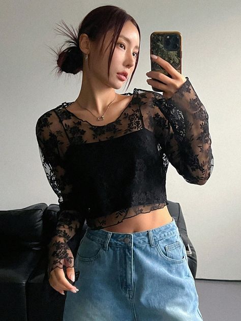 Black Sexy Collar Long Sleeve Lace Plain  Embellished Slight Stretch Summer Women Clothing Lace See Threw Top Outfit, See Threw Top Outfit, Black Transparent Top Outfit, Sheer Lace Top Outfit, Transparent Top Outfit, Party Outfit Simple, Lace Top And Jeans, Lace Shirt Outfit, Sheer Shirts