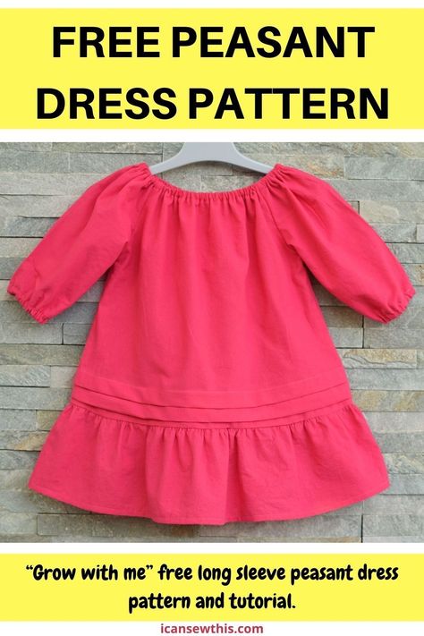 Childs Skirt Pattern Free Sewing, 2t Dress Pattern Free, Simple Toddler Dress Pattern Free, Diy Long Sleeve Dress, Girls Long Sleeve Dress Pattern, Free Toddler Dress Pattern, Diy Peasant Dress, Toddler Dress Free Pattern, Free Peasant Dress Pattern