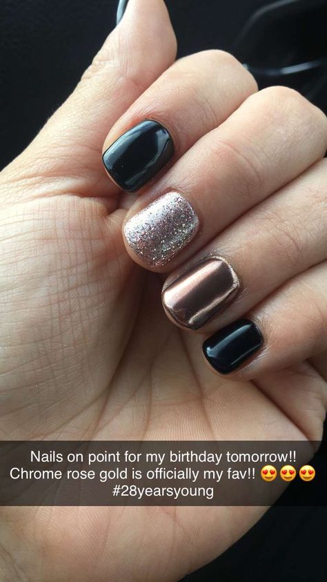 Rose Gold Birthday Nails, Black Rose Gold Nails, Black And Rose Gold Nails, Gold Birthday Nails, Birthday Nails Black, Black Wedding Nails, Gold Toe Nails, Rose Gold Nails Glitter, Black Gold Nails