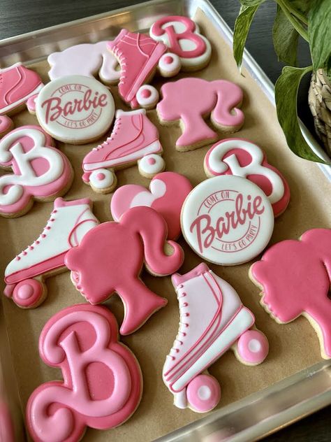 Our dessert for the Barbie Party was incredible! Custom Barbie sugar cookies. Third Birthday Barbie Theme, Barbie Skate Party Ideas, Small Barbie Birthday Party, Barbie Decor Party, Barbie Cookies Decorated Easy, Kid Barbie Birthday Party, Barbie Birthday Party Cookies, Barbie Movie Cookies, Barbie Birthday Party 5