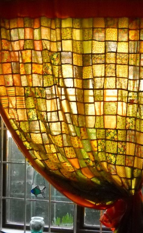 Yellow Patchwork curtains. Lovely stained glass effect - more pics here. Patchwork Curtains Diy, Curtains Diy, Quilted Curtains, Patchwork Curtains, Diy Staining, Stained Glass Effect, Glass Curtain, Yellow Curtains, Hippie Homes