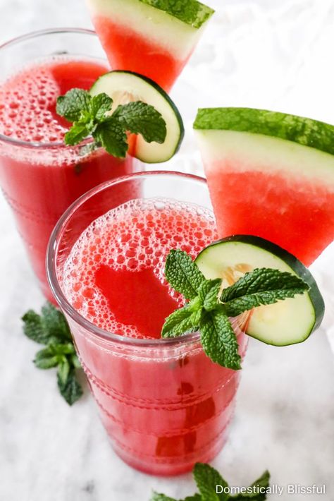 This Refreshing Cucumber Watermelon Juice is made with fresh watermelon and cucumber and topped with your choice of lime or mint! | A simple summer drink made with fresh fruit and vegetables. | Watermelon cucumber juice with mint sprigs and fresh lime slices. | Family friend summer drink recipe. | Easy summer drink for family dinners, parties, or small gatherings. Cucumber Watermelon, Domestically Blissful, Summer Drink Recipe, Cucumber Drink, Watermelon Drink, Cucumber Juice, Watermelon Mint, Quick Appetizers, Fresh Watermelon