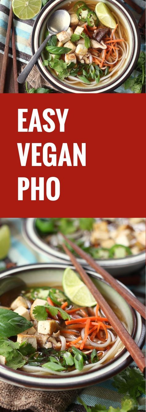 Spices and veggies are simmered in broth and ladled over silky rice noodles and tofu to make this restaurant-worthy super easy vegan pho. Vegan Pho, Mapo Tofu, Vegan Asian, Vegan Soups, Vegan Keto, Vegan Soup, Vegan Cooking, Vegan Life, Vegetarian Meals