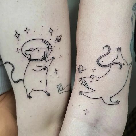 Best Friend Space Rat Tattoos Space Rats Tattoo, Matching Space Tattoos, Matching Rat Tattoo, Tattoos Rat, Rat In A Cage Tattoo, Rat Heart Tattoo, Rat And Mushroom Tattoo, Cute Best Friend Tattoos, Rocket Tattoo