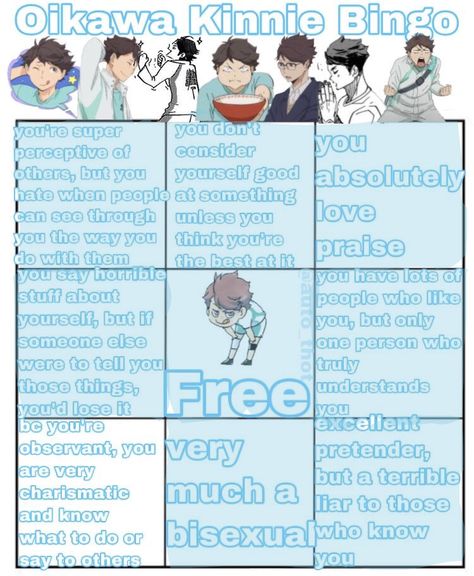 template credit : @auto_thot Kin Bingo Haikyuu, Kinnie Bingo Haikyu, Oikawa Kinnie Bingo, Haikyuu Kinnies Bingo, Gojo Kinnie Bingo, Iwaoi Manga, Headcanons Anime, Kinnie Callouts, Oikawa Kinnie