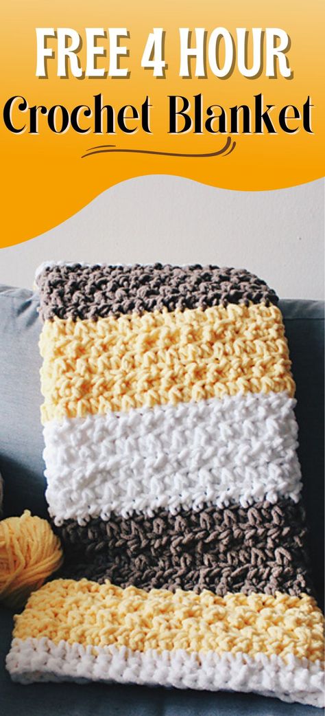 Try this easy and quick chunky afghan free crochet pattern. This fast baby blanket will take only 4 hours and will make a great baby shower gift paired with a book or a soft toy. The stitch pattern is simple and perfect for beginners. #crochetblanket, #freecrochetblanket, #crochetafghan, #crochetbabyblanket, #crochet Crochet Striped Blanket Pattern, Crocheted Ideas, Bernat Baby Blanket Yarn, Striped Crochet Blanket, Baby Boy Crochet Blanket, Crochet Rugs, Crochet Unique, Crochet Baby Blanket Free Pattern, Chunky Crochet Blanket