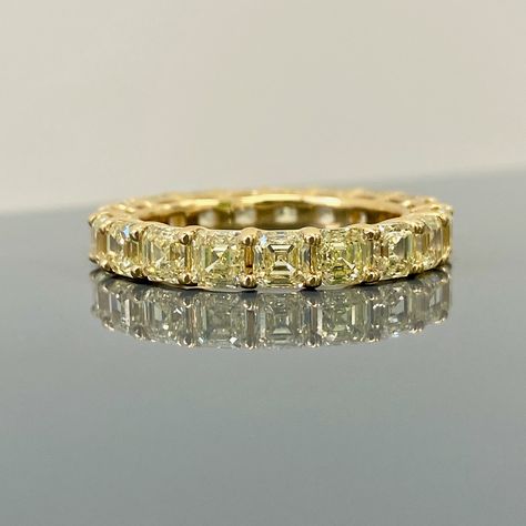 Fancy Light Yellow Diamonds Asscher Cut Diamonds Photos show 4 Carat Total Diamond Eternity Band VS-VVS Clarity Set in 18k yellow gold Handmade in NYC Custom Order Will Ship in 3-4 Weeks Asscher Cut Diamond Eternity Band, Yellow Diamond Eternity Band, Yellow Diamond Band, Yellow Diamond Wedding Band, Yellow Diamond Wedding Rings, Bride Vibes, Platinum Diamond Wedding Band, Fancy Light, Yellow Diamond Rings