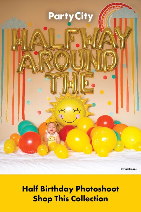 Half Birthday Party Theme, Half Way To One Decoration Ideas, Half Way To One Girl Theme, Diy Half Birthday Photoshoot, Half Birthday Theme For Girl, 6 Month Party Ideas, 6th Month Birthday Ideas, Half Birthday Theme, Halfway Around The Sun