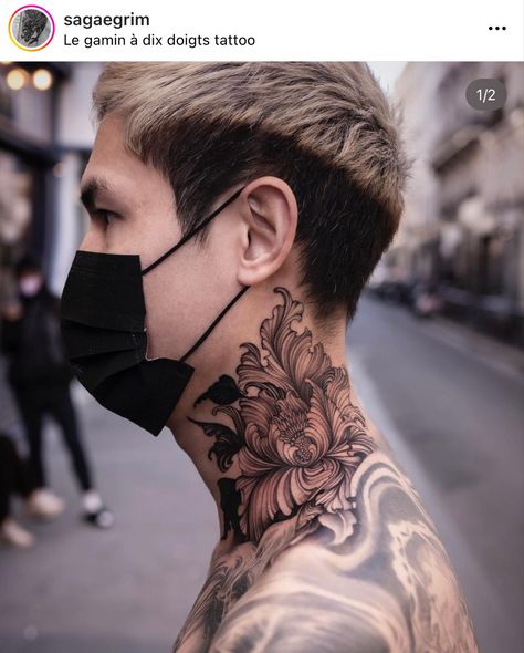 Neck Flower Tattoo Men, Floral Neck Tattoo Men, Flower Neck Tattoo Men, Japanese Neck Tattoo Men, Neck Flower Tattoo, Japanese Neck Tattoo, Flower Neck Tattoo, Hals Tattoo Mann, Collar Tattoo