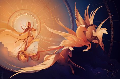 ☼ Yliade ☾ on Twitter: "Helios is the god (or personification) of the Sun in Greek mythology. He is said to drive a golden chariot which bring the Sun across the skies each day. His chariot is pulled by Pyrois, Eoos, Aethon and Phlegon. Prints : https://t.co/dNZgdJpwB5 #art #drawing #mythology #sun… https://t.co/9POLLSPWNR" Apollo Chariot, Golden Chariot, Greek Pantheon, Greek Gods And Goddesses, Greek Mythology Art, Mythology Art, Big Art, Greek Myths, God Art