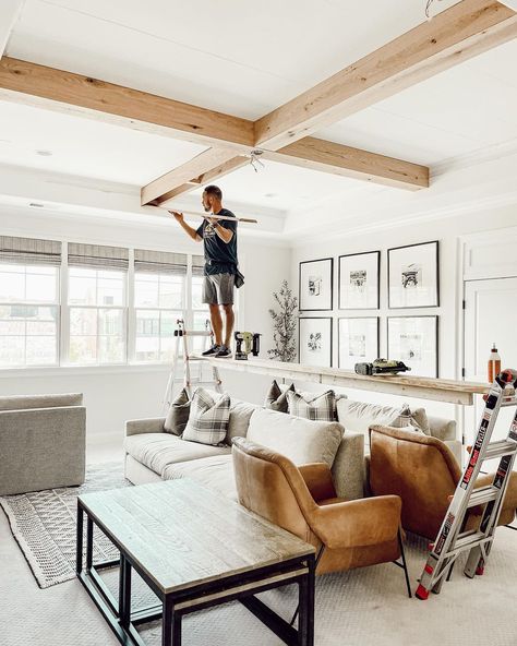 Wood Beam Ceiling Living Room, Beam In Kitchen, Our Faux Farmhouse, Ceiling Beams Living Room, Faux Ceiling Beams, Faux Farmhouse, Victoria Style, Beams Living Room, Bunk Beds Built In