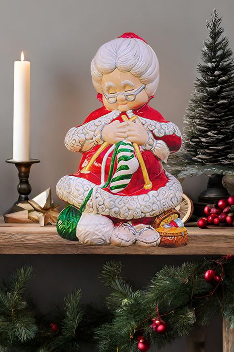 Mrs. Santa Claus figurine is lovingly hand-painted to perfection. Every stroke of the brush brings her character to life, making this piece a unique work of art. She stands 13.5" tall with a base of 8" by 6". She is usually paired with the winking Santa, who is winking because she fell asleep while knitting, so goes the old story. Limited availability for she is one of a kind! Order today! Mrs Santa Claus, Ceramic Santa, Vintage Ceramics, Fell Asleep, Santa Clause, Ceramic Gifts, Nashville Tennessee, Hand Painted Ceramics, Ceramic Painting