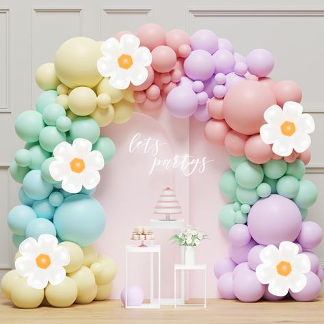 PRICES MAY VARY. Daisy Balloon Garland Arch Kit-You can get an package of 129pcs 5 colors (blue, pink, yellow, purple, macaron blue) 3 sizes (18", 10", 5") balloons, 5pcs daisy foil balloons, 1pc balloon tape, and 100 balloon dot glue. This perfect daisy pastel balloon garland kit is sure to wow your guests! Premium Material-Daisy pastel balloons garland kit are made of high quality natural latex, safe and non-toxic, the leather is thick, not easy to burst, and the color is true.The balloons wil Daisy Balloon Garland, Rainbow Balloon Arch, Boho Party Decorations, Balloons For Birthday, Pastel Birthday, 5 Balloons, Balloon Kits, Pastel Balloons, Purple Balloons