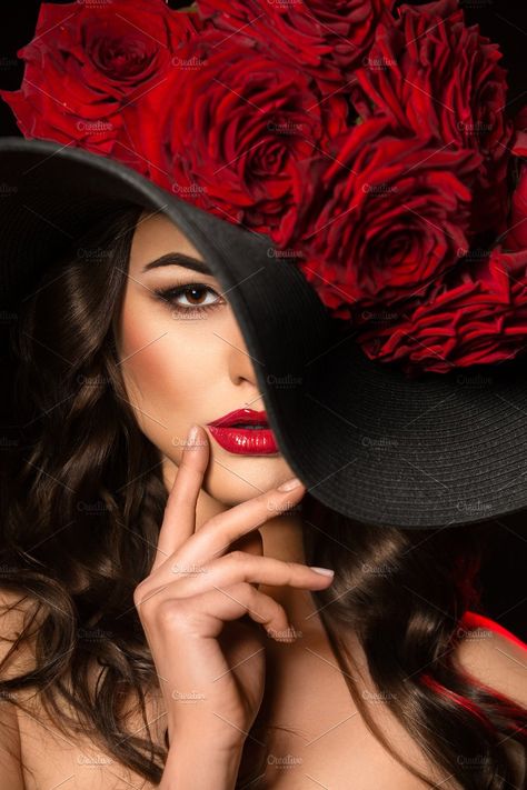 Beautiful woman with red rose in hat by Vladimir Popovich on @creativemarket Photography Words, Floral Hat, Love Hat, Derby Hats, Black Hat, Beautiful Hats, Foto Inspiration, Beauty And Fashion, Red Aesthetic