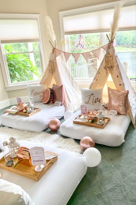 Check out our Rose Gold Boho Sleepover Boho Sleepover, Girly Sleepover, Ideas Sleepover, Sleepover Aesthetic, Outdoor Yard Ideas, Rose Gold Boho, Party Tent Rentals, Birthday Sleepover Ideas, Birthday Sleepover