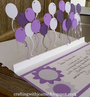 handmade birthday card tutorial from Crafting with Joanie: How to Make a Pop Up Balloon Card ... acetate panel pops up ... lots of Cricut cut balloons in purples ... Floating Pop Up Card, Popup Cards How To Make, Popup Birthday Cards, Popup Cards Tutorial, Birthday Cards Unique, Popup Cards, Balloon Card, Acetate Cards, Floating Balloons