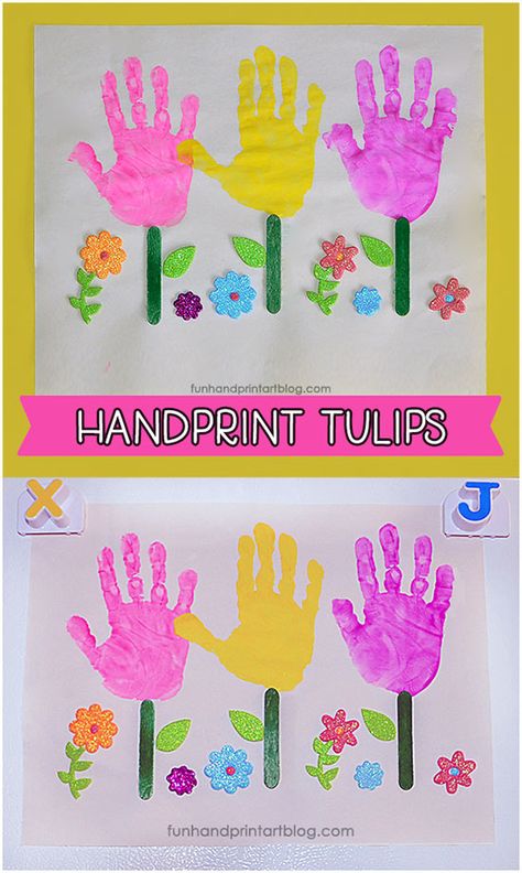 Handprint Tulips for Preschool or Kindergarten Garden Theme Flower Garden Craft, Footprint Bunny, Handprint Butterfly, Handprint Calendar, Hand Print Art, Spring Flower Crafts, London Beauty, Garden Crafts For Kids, April Crafts